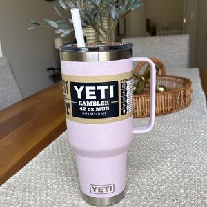 Yeti Rambler 42 oz Mug in Pale Pink with Straw Lid and Handle